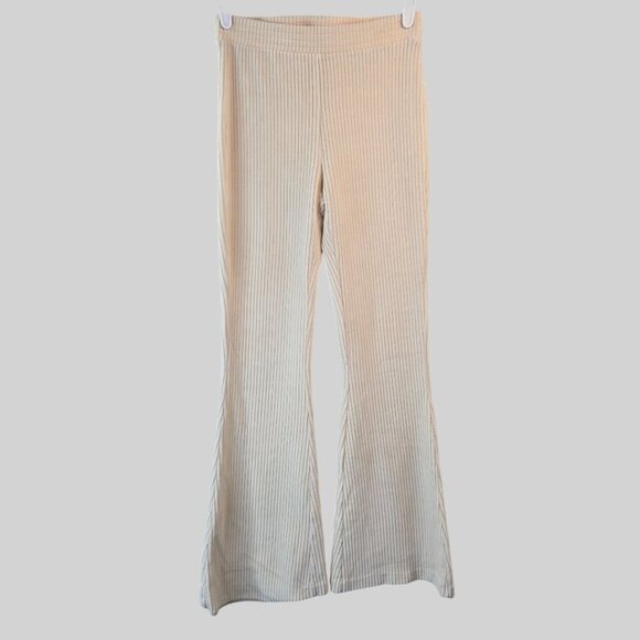 Aerie Flare Pants Ribbed High Waisted Cream White Stretchy Knit Pull On Sz Small - Picture 1 of 10